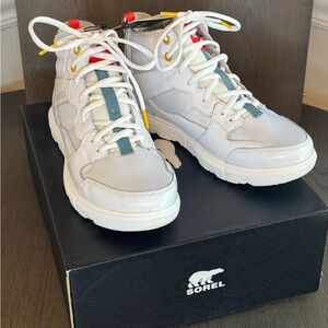 Sorel White and Gray High-Top Sneakers with Red and Yellow Accents